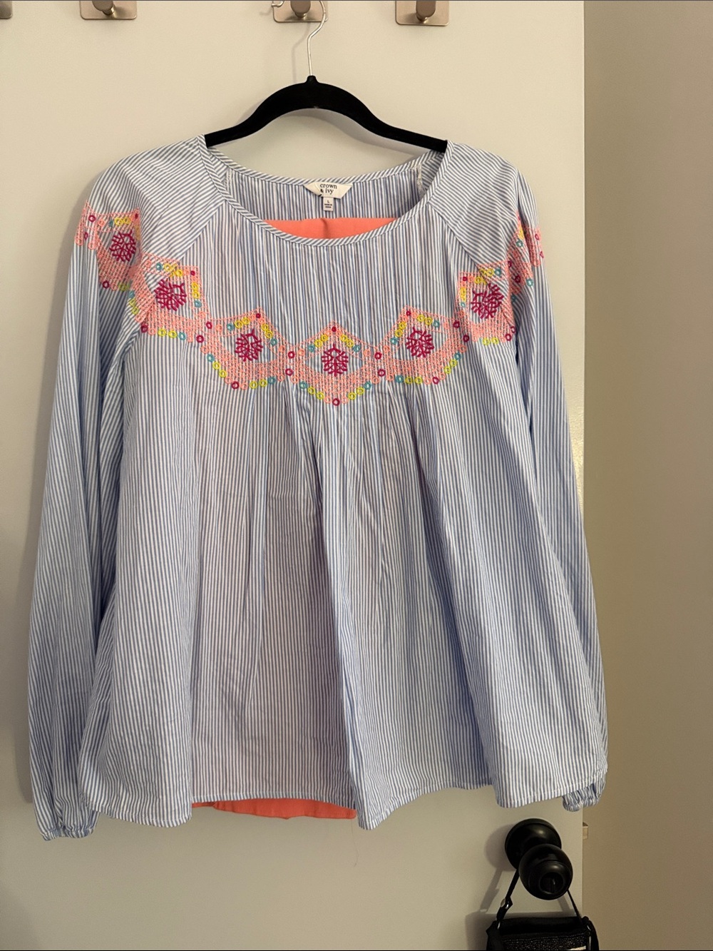 crown & ivy Blue and White Striped Blouse with Pink Floral Embroidery with capri